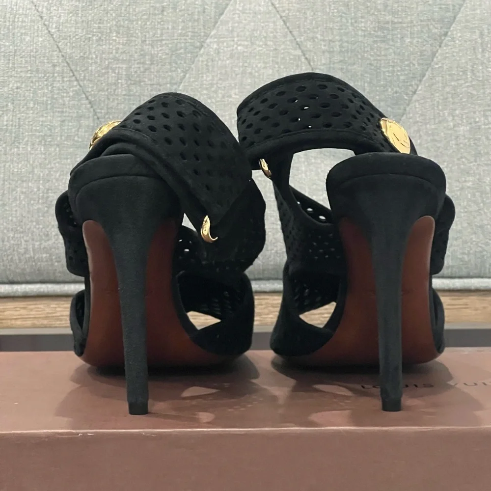 LOUIS VUITTON SUEDE PERFORATED SLING BACK SANDALS - Picture 4 of 13
